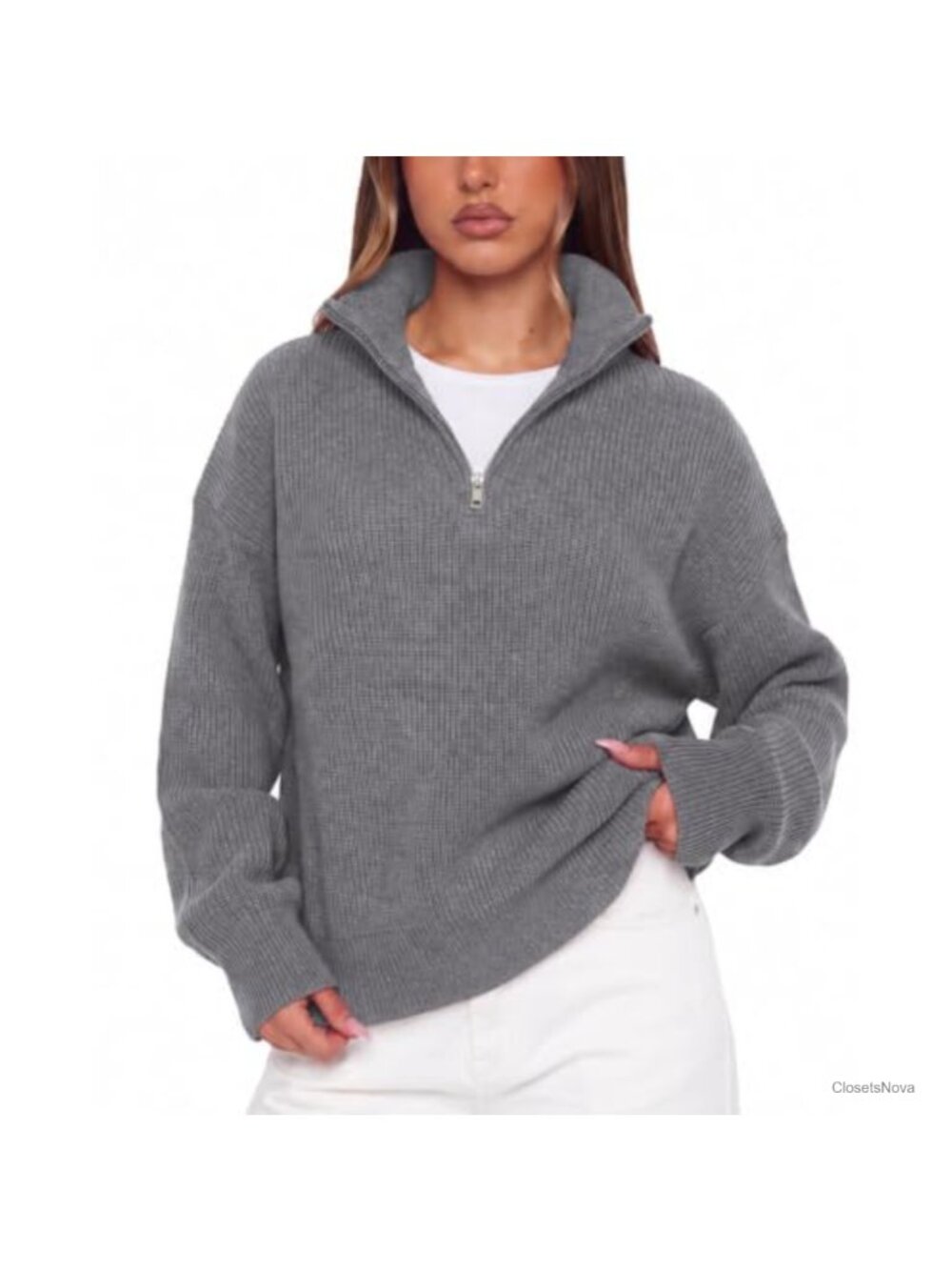Cashmere Blend Oversized Quarter Zip Mock Neck Sweater Women